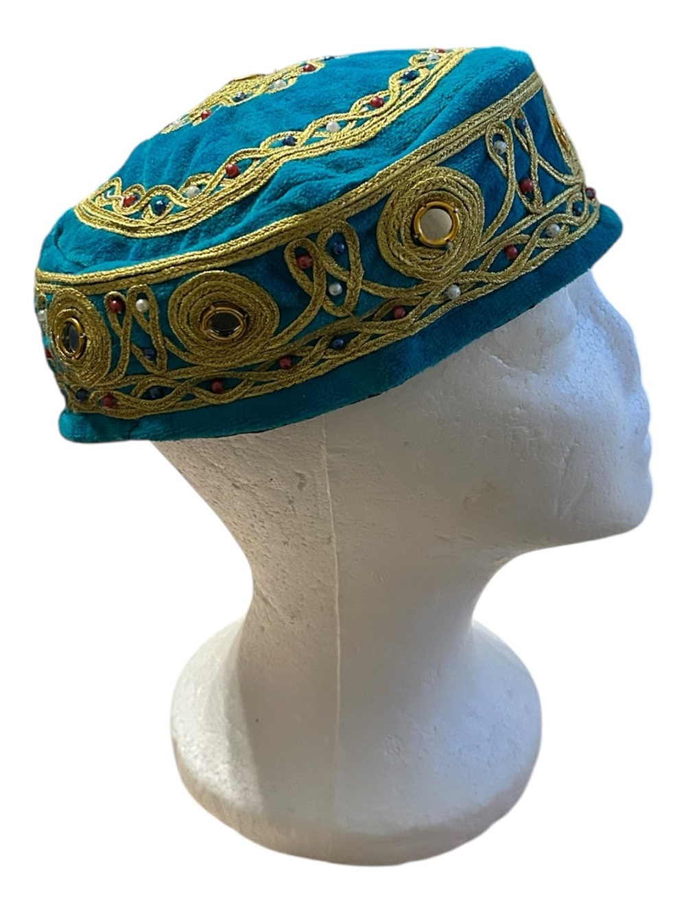 Vintage Velvet Embroidered Turkish Hat Kufi Dolls Gold Turquoise Costume Mirror